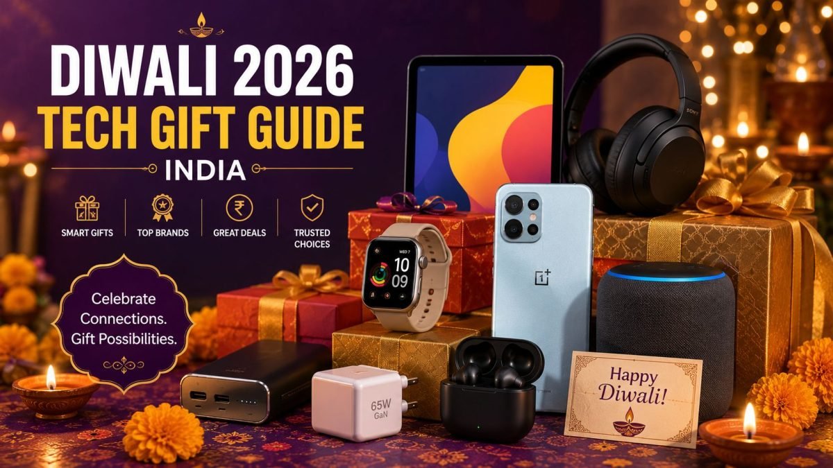 Gift-wrapped gadgets with diyas and Diwali decorations