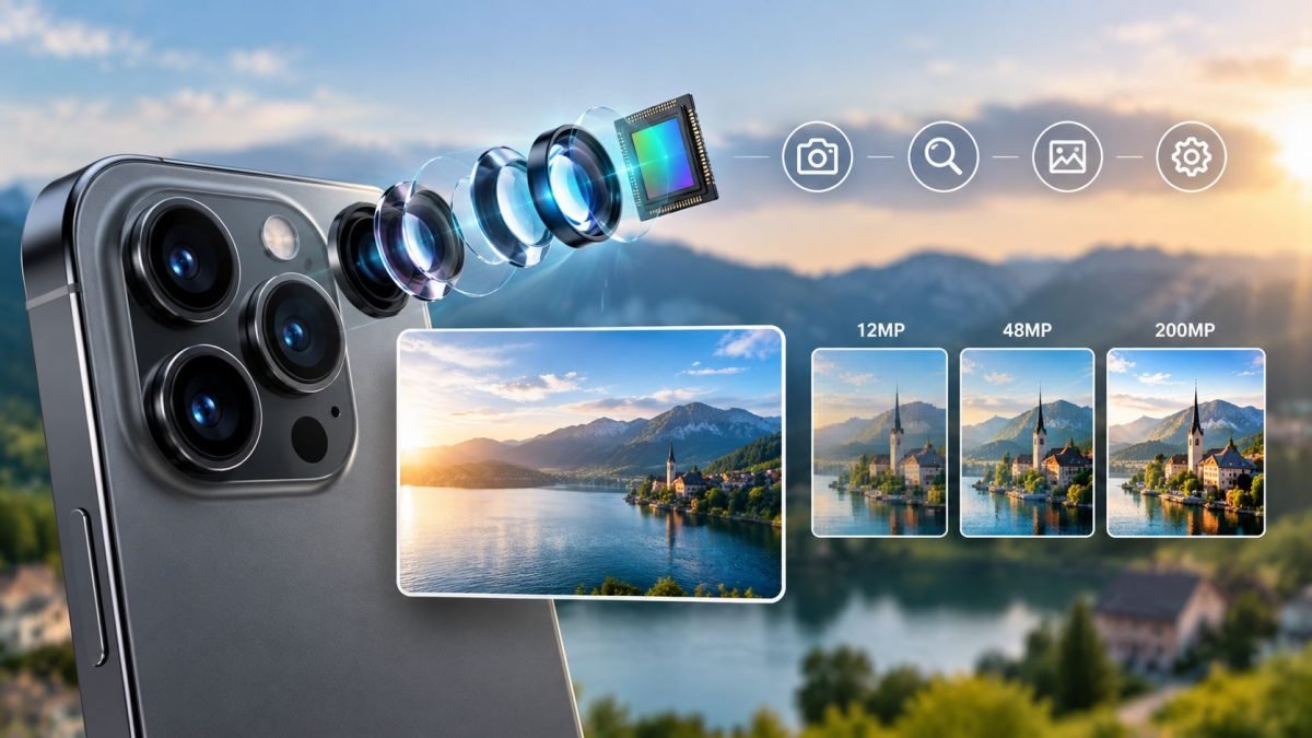 Close-up of a smartphone rear camera module with multiple lenses